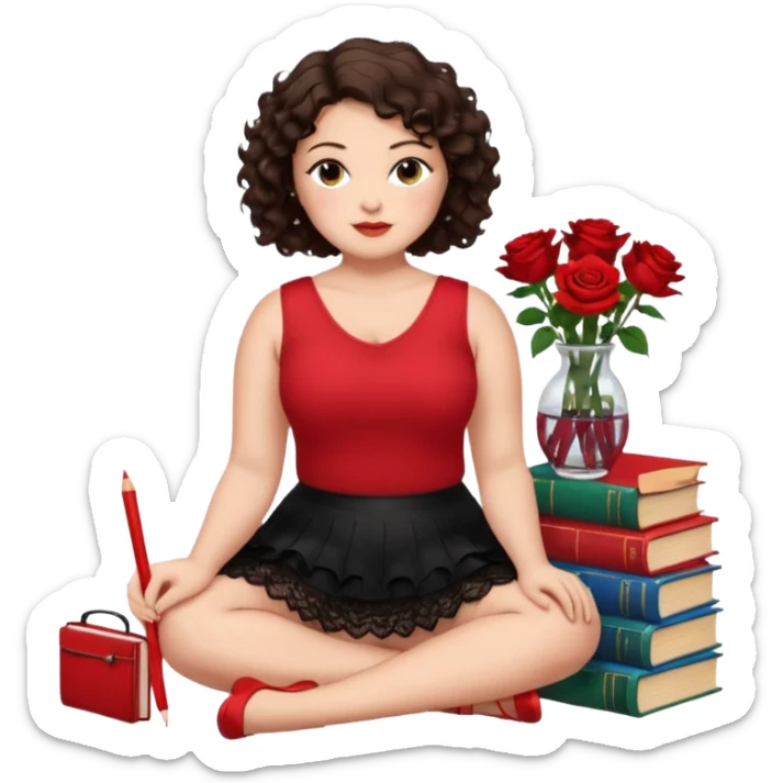 A plus-size brunette woman with short, dark brown curly hair is wearing a red sleeveless shirt and a black lace ruffled skirt. She is sitting on the floor with her legs crossed, holding a crayon in one hand. On the floor are five stacked colorful books and a glass vase with red roses. sticker