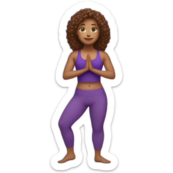 Full body a yoga instructor with long, brown, curly hair. I'm in a yoga pose and wearing purple yoga pants and a purple tank top. sticker