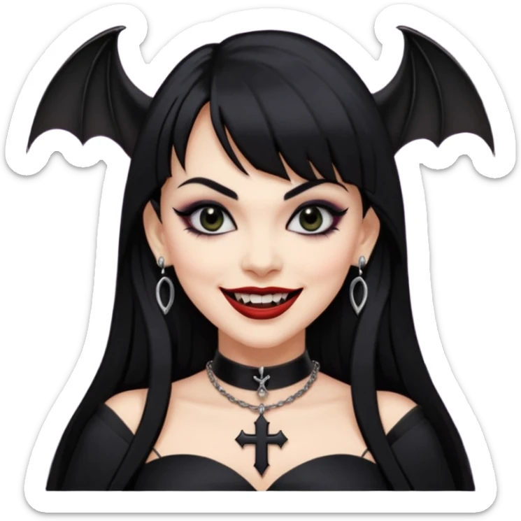 vampira com cabelo preto longo e liso e franja, olhos pretos, brincos em formato de cruz, choker em formato de morcego, roupa preta com decote, batom preto e sorrindo mostrando as presas sticker