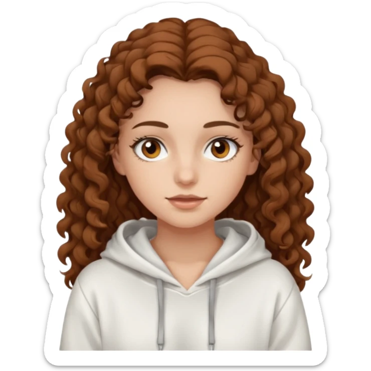 Una ragazza con una felpa semplice bianca,ha gli occhi marroni,i capelli marroni  , c’è gli ha lunghi e ricci  e ha le ciglia lo stile dell immagine deve essere semplice sticker