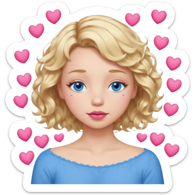 Girl Blonde short wavy hair,  blue eyes, cute blue top, long lashes, pink lips, sleeping eyes closed, hearts floating  sticker