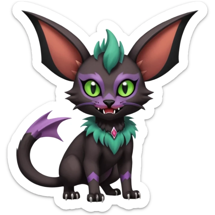 Black edgy Noivern-Noibat-Purloin-Torracat-Lykoi-Caracal-cat-Fakemon-fusion-hybrid-creature with bat wings on head as ears, big fangs, gothic markings sticker