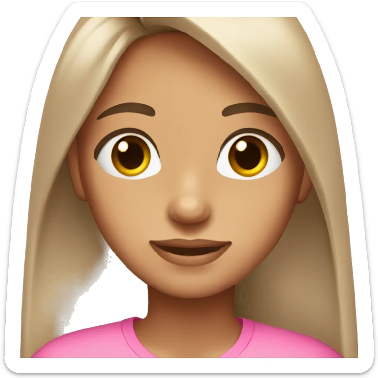 A girl with long brown hair, fair skin, brown eyes, wearing a pink T-shirt, with beautiful eyelashes sticker