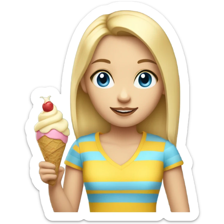 Girl with blonde hair, blue eyes, yellow striped shirt, holding vanilla ice cream cone sticker