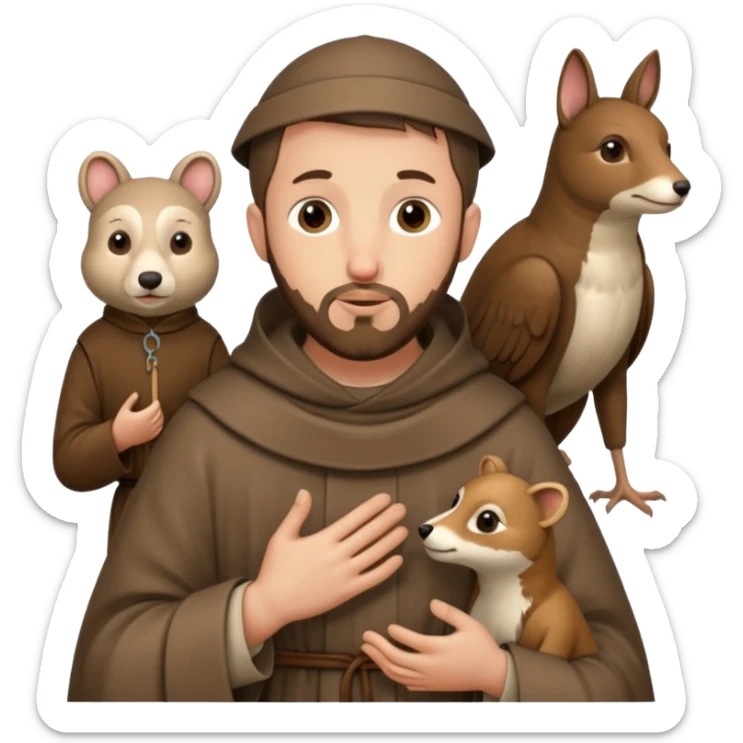 Saint Francis of Assisi cartoon modern type with animal to be used as an AI crfreation in HeyGen.com, please create a winter background sticker