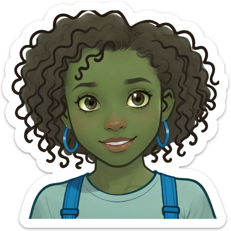 Black girl with dark brown curly hair with light brown highlights and blue braces and blue eyes sticker