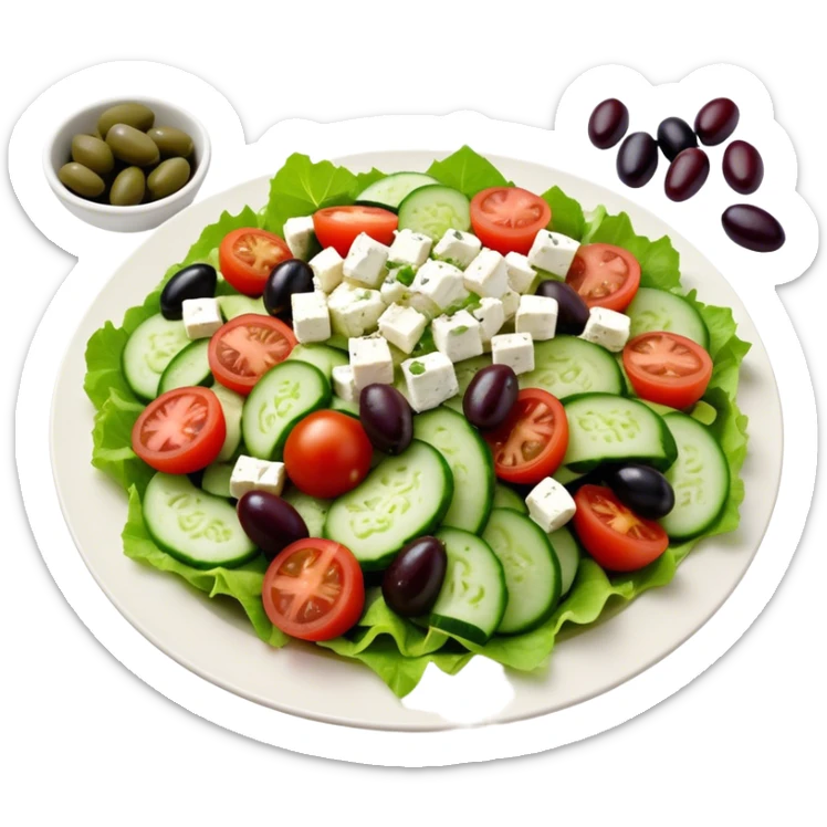 Cinematic Realistic Greek Salad Dish Emoji, depicted with crisp lettuce, tomatoes, cucumbers, olives, and feta cheese rendered with vibrant textures and fresh, natural lighting. sticker