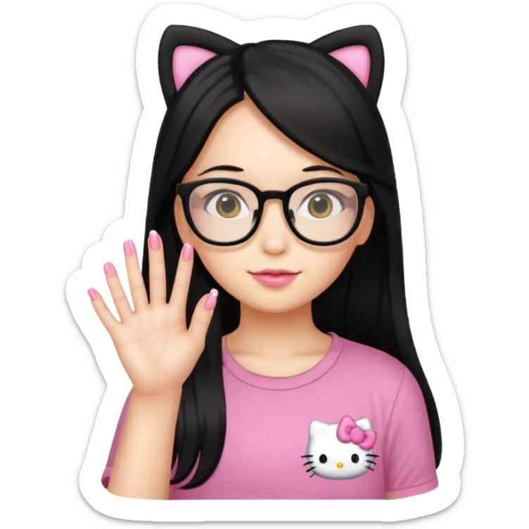 Nails cute hello kitty wear glasses black long  hair wear yello shirt sticker