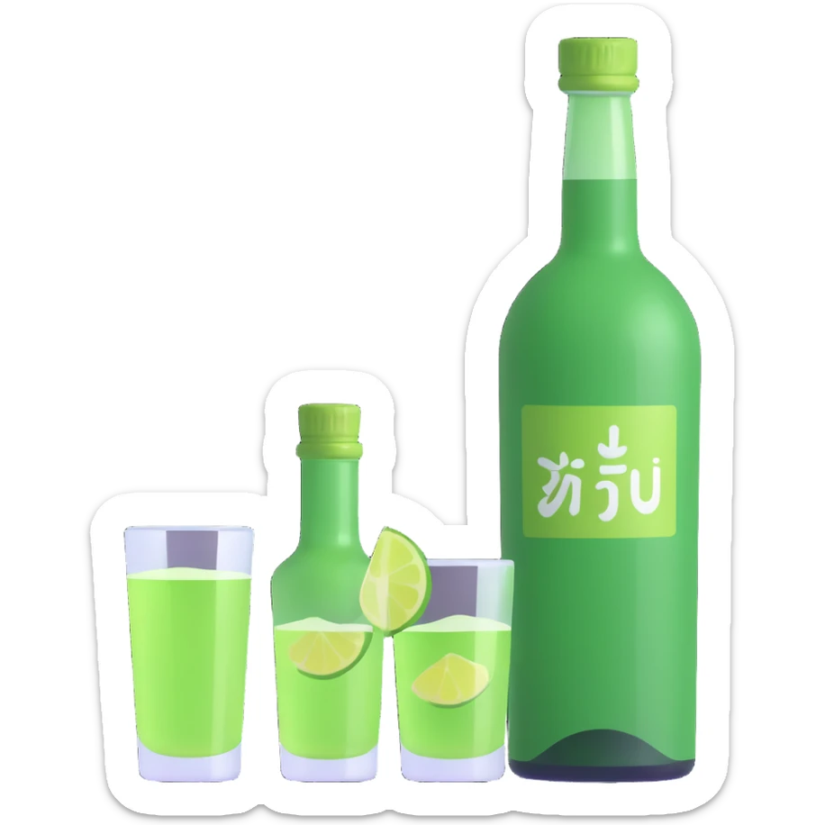 apple style 3D emoji of a green soju bottle and a small glass, bright and cheerful sticker