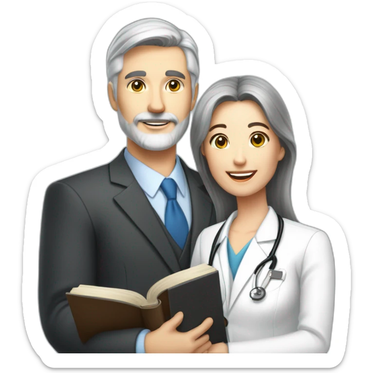 husband classy caucasian partly gray hair trimmed beard wearing business suit holding bible, with wife asian age 55 dark hair nurse uniform, no children sticker