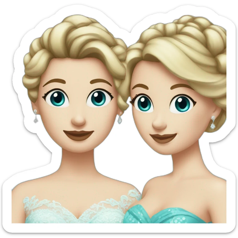 Bride with brown hair into a bun, blue eyes and a lace dress. Mother of the bride with blonde curls and a turquoise sequined dress. sticker