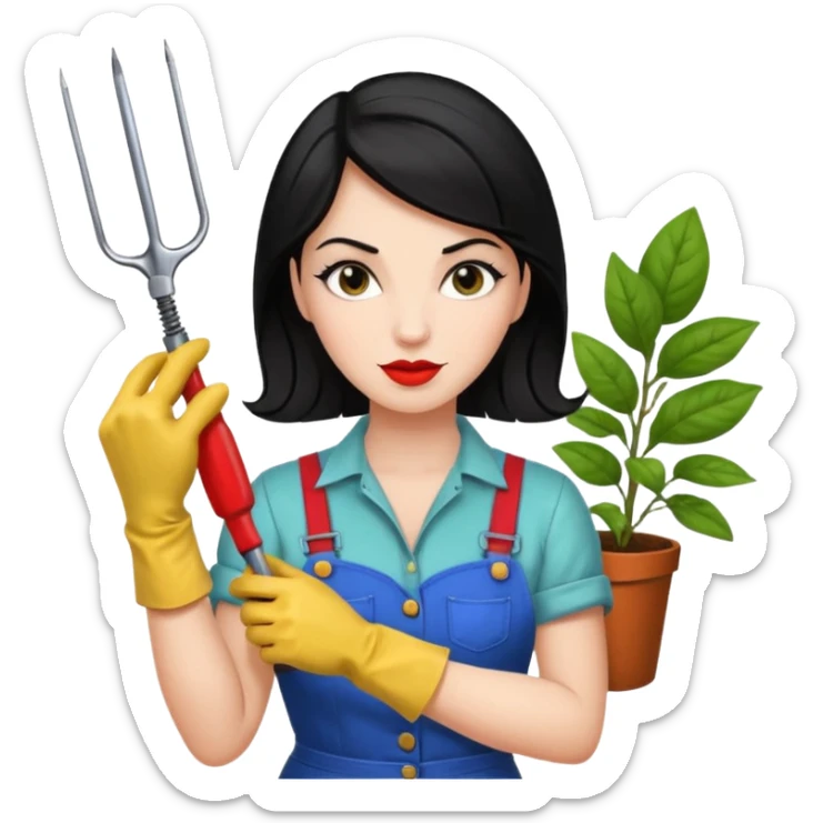I like it! Can you make her dark haired? Rockabilly vibes are good. I like the third one and last most. Could you leave the screwdrivers? She's more like the organised one. Perhaps give her washing gloves or something. Or gardening gloves. sticker