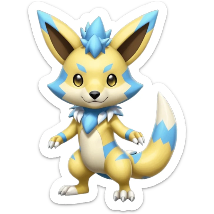 Modern anthropomorphic furry futuristic shiny colorful Zeraora-Minccino-Pichu-Obstagoon-WereGarurumon-fusion (full body) sticker