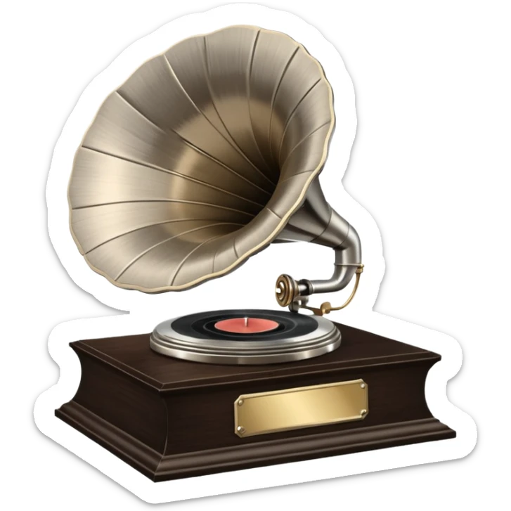 A platinum music award plaque: a square, polished platinum plate with a subtly textured, mirror-like finish, mounted on a simple dark wood base. The center features a relief of a vintage gramophone or stylized vinyl record in a slightly darker metallic tone.  sticker