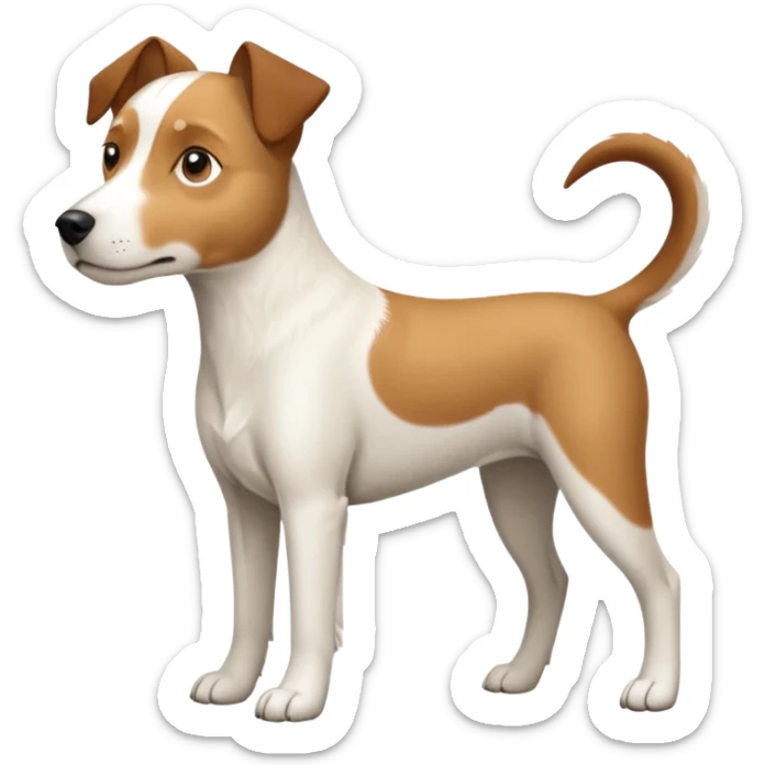 a full body large white parson russell looking dog the size of a kelpie with light brown flapped down ears and a light brown patch on one eye and a large snout sticker