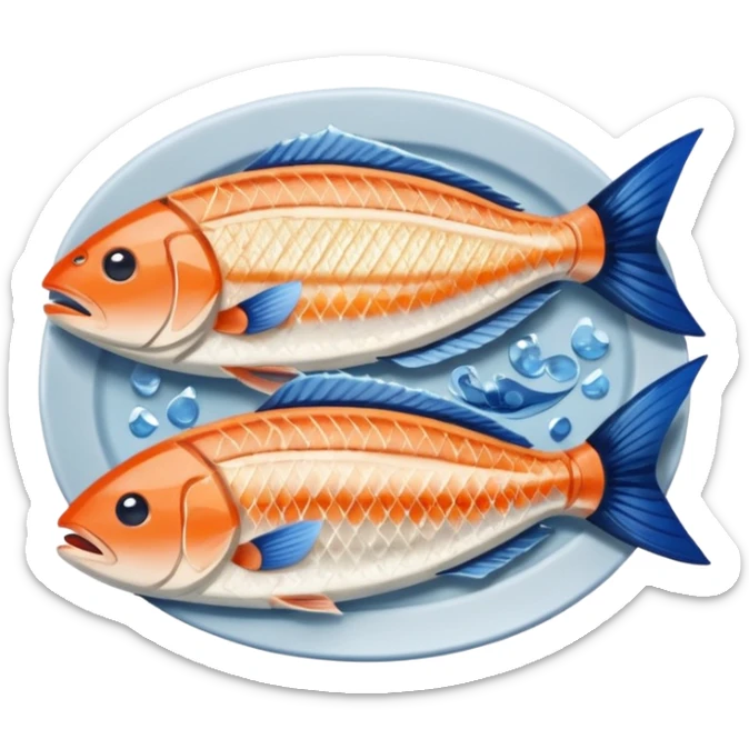 Fish dishes avatar in bright emoji-style illustration. Grilled fish, fillets, and seafood, blue and silver tones, simple shapes, flat design, fresh and flavorful. sticker