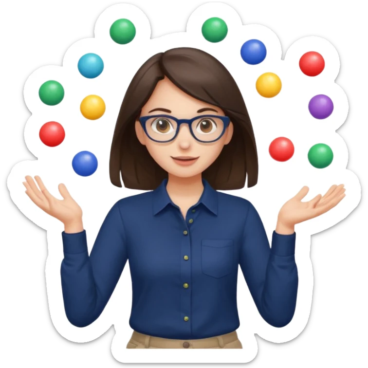 a cute brunette girl in a navy shirt wearing glasses,  juggling multicolored balls with two hands  sticker