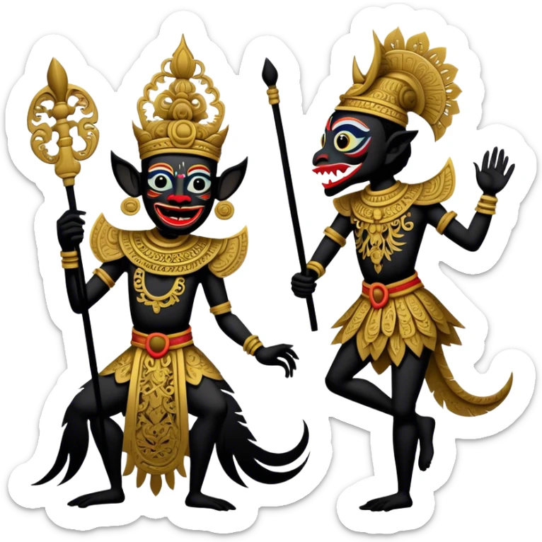 Wayang – Cinematic Realistic Wayang, depicted as intricately carved traditional Indonesian shadow puppets with expressive features and vibrant cultural motifs, set against a dark, dramatic backdrop with subtle glowing highlights that evoke the mystical art of shadow play. sticker