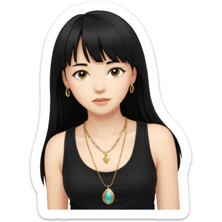 alrighht here’s just the person described for your emoji ai prompt:

> young woman, long black hair with bangs, soft expression, wearing a black tank top and gold necklace, confident pose, natural beauty, warm lighting on face, slightly tousled hair



lmk if u want it more detailed or stylized 🔥
 sticker