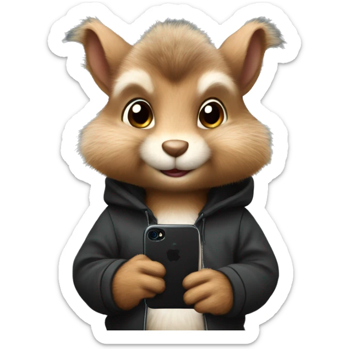 Cute realistic fluffy Squirrel with fluffy ears in black hoodie holding an iPhone  sticker