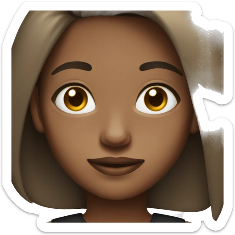 A dark skinned but light girl with straight brown short to shoulders hair with brown eyes and black shirt sticker
