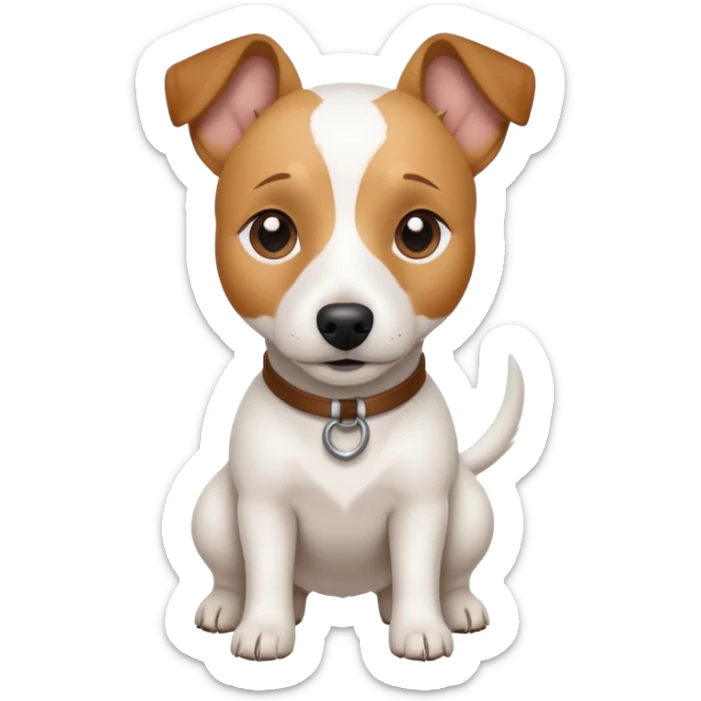 a full body white jack russel looking dog the size of a kelpie with light brown ears and a light brown patch on one eye and a large snout sticker