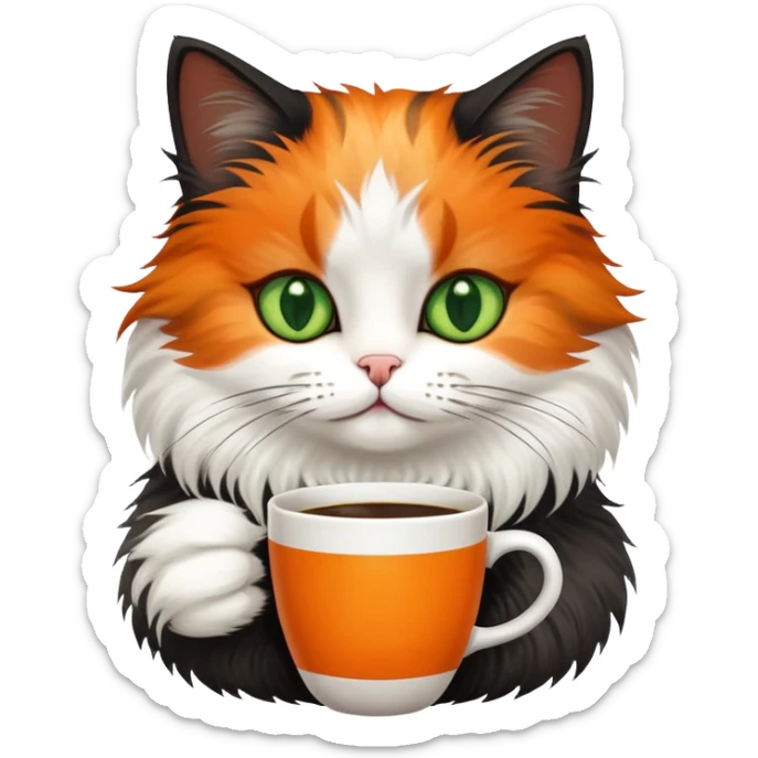 tricolor fluffy cat with big green eyes drinking a cup of coffee sticker