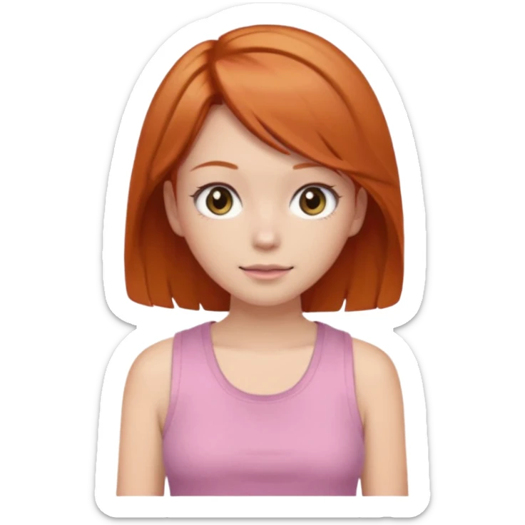 Create emojis of a girl with ginger hair and a hime haircut, gray eyes. She's wearing a pink tank top and a brown sweatshirt. sticker