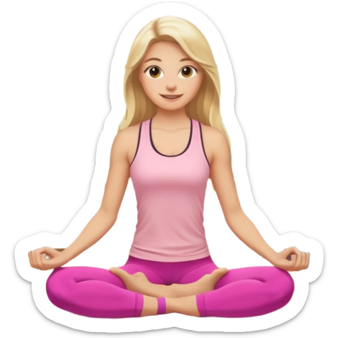 Create a young woman with long blonde hair, golden eyes, and medium-light skin tone, wearing a light pink tank top and leggings. She should be doing home worjout, with a smile sticker