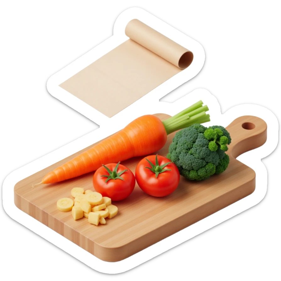carrot tomato brocoli on the wooden cutting board with floating rolled paper list sticker