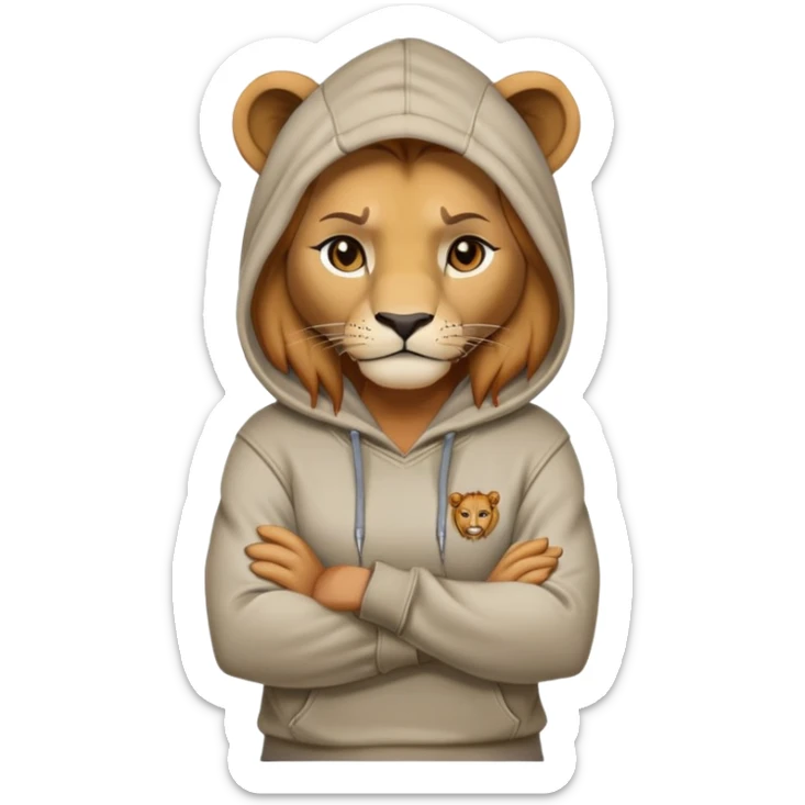 determined anthropomorphised female lion in a hoodie and jeans with arms folded, confident stance sticker