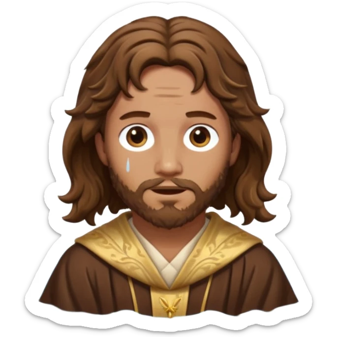 John the Baptist with wavy hair, saint robes, partially submerged in water, emoji style sticker