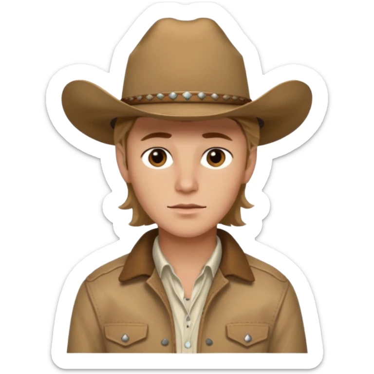 Ennis Del Mar from Brokeback Mountain with brown eyes, dark blonde hair, ivory shirt, brown jacket and cowboy hat sticker