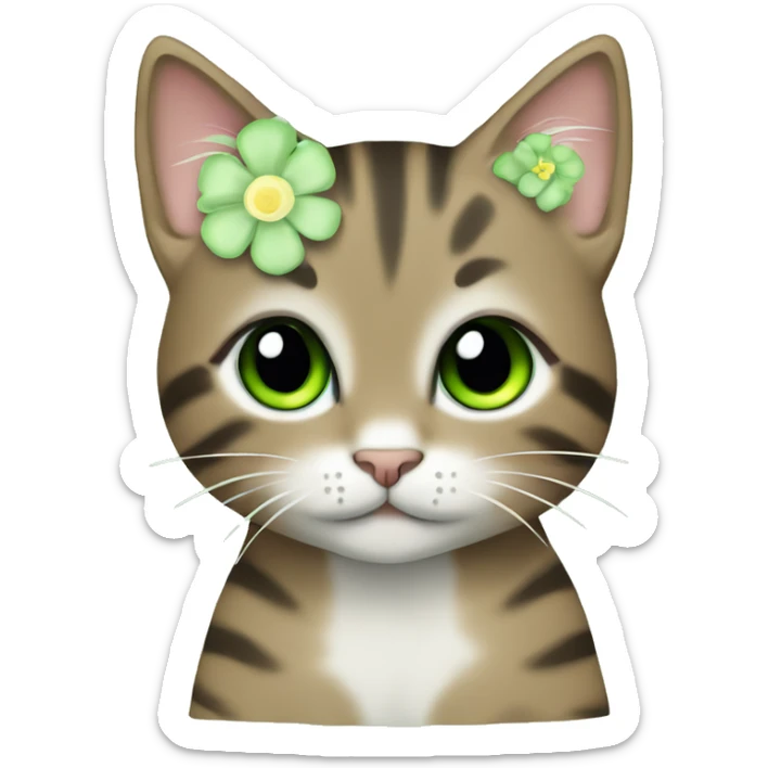 kawaii brown tabby kitten with green eyes and pastel green flower sticker