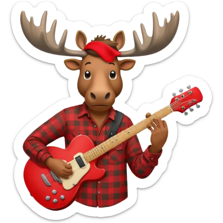  A man with the head of a moose playing a red electric guitar in Alaska sticker