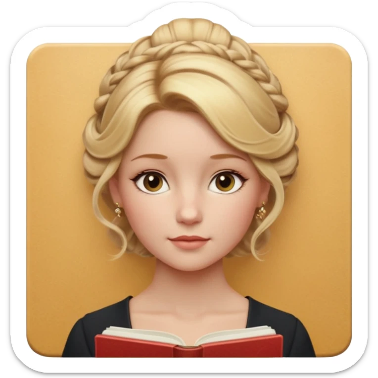 Cinematic Realistic Journal Portrait, depicted with lifelike skin texture, subtle rosy undertones, and soft natural lighting that enhances the gentle contours of her face. Her intricately detailed golden blonde hair is elegantly styled in an updo, sticker