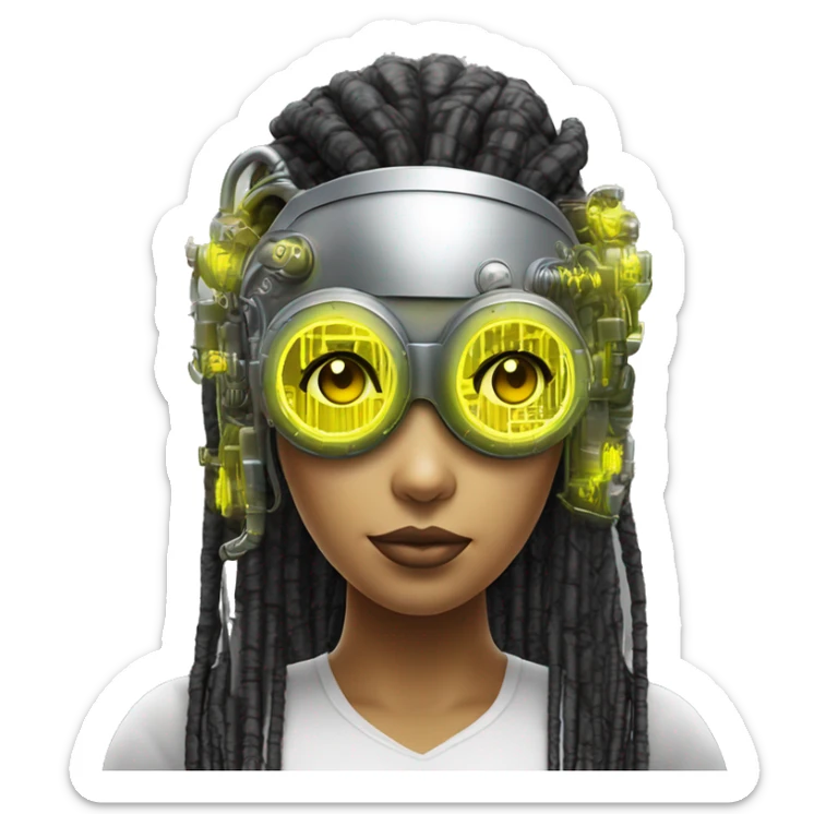 Neon yellow bobbed hair Latina female cyborg head with silver steampunk goggles and circuits sticker