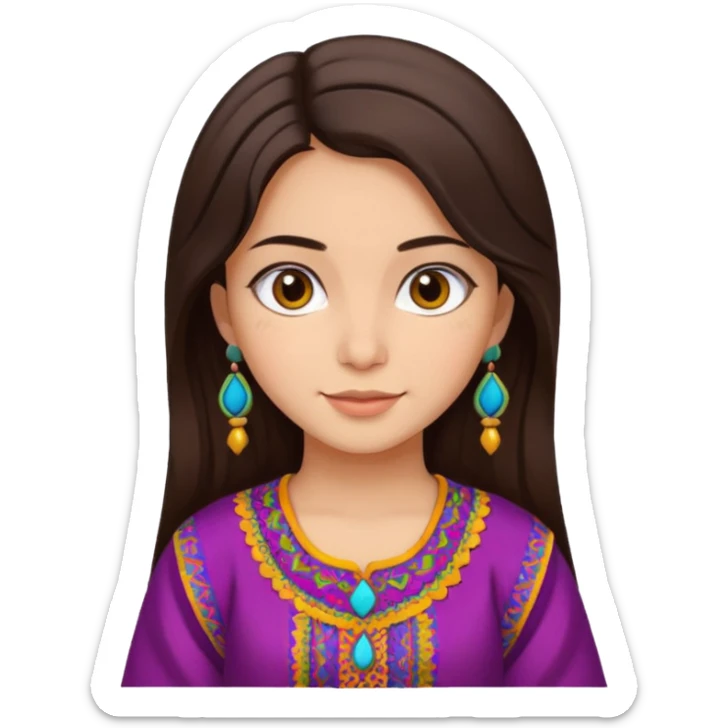 girl with dark brown hair, Afghan dress, vibrant colors, friendly face emoji sticker