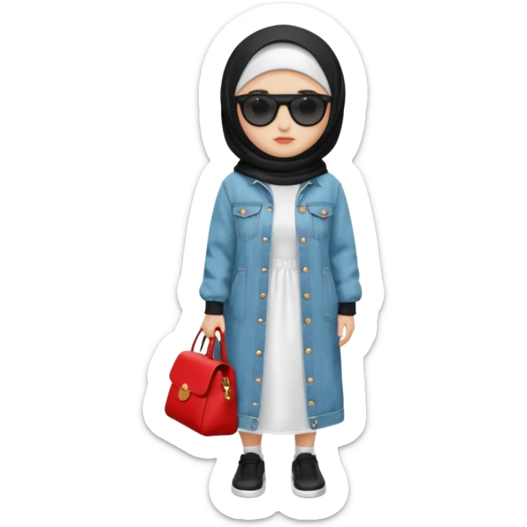 female memoji character, iPhone style, wearing black hijab, white long dress, oversized light blue denim jacket, white socks, black shoes with red detail, black shoulder bag, sunglasses on head, cute expression, no background, transparent PNG sticker