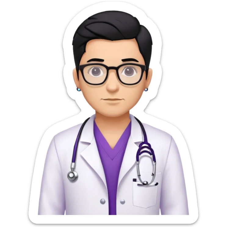 Male doctor  canela skin glasses black hair, piercings and tatoos, violet uniform and white bata sticker