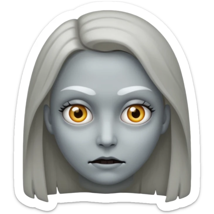 woman with gray skin and white eyes and a creepy face sticker