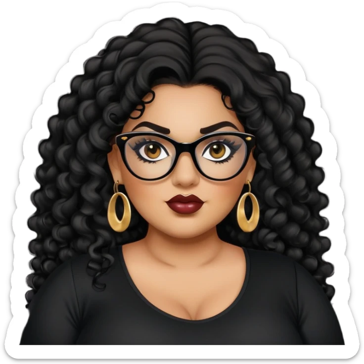 big plus size, latina, darker tan skin, long black curly hair, baddie,pretty, makeup, lipgloss, black eyeliner, long hair, stud gold earrings, black top, black glasses sticker