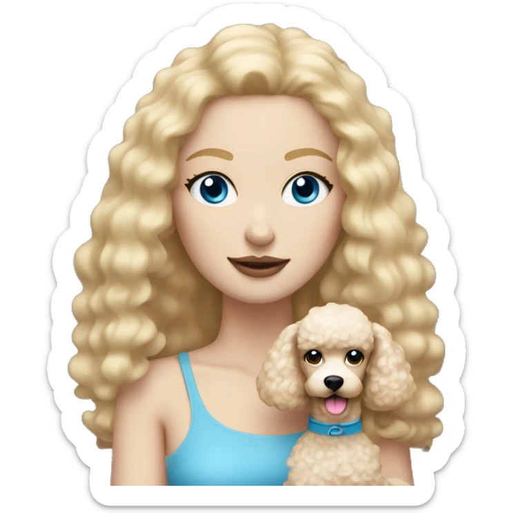 woman with straight blonde hair and blue eyes is holding a cream poodle  sticker