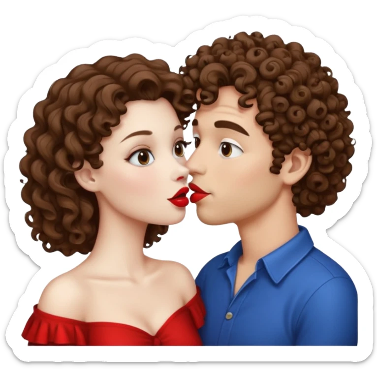 A couple kissing, the man would be white-skinned, curly, brown-hair. The serious woman with white skin, brown color sticker