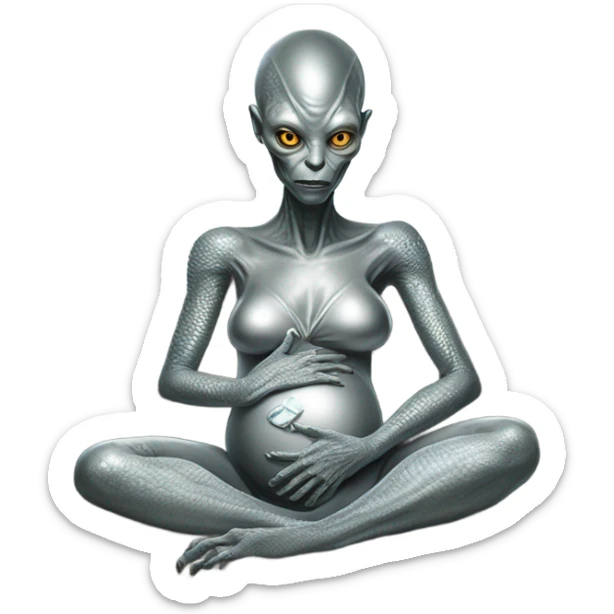 reptilian alien woman in silver dress, pregnant, sitting on couch sticker
