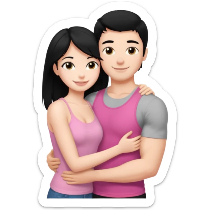 a pretty bratz fair girl. black hair, wearing a pink cami top, she is hugging a handsome fair guy with black hair. lean but muscular. is wearing a black tshirt sticker