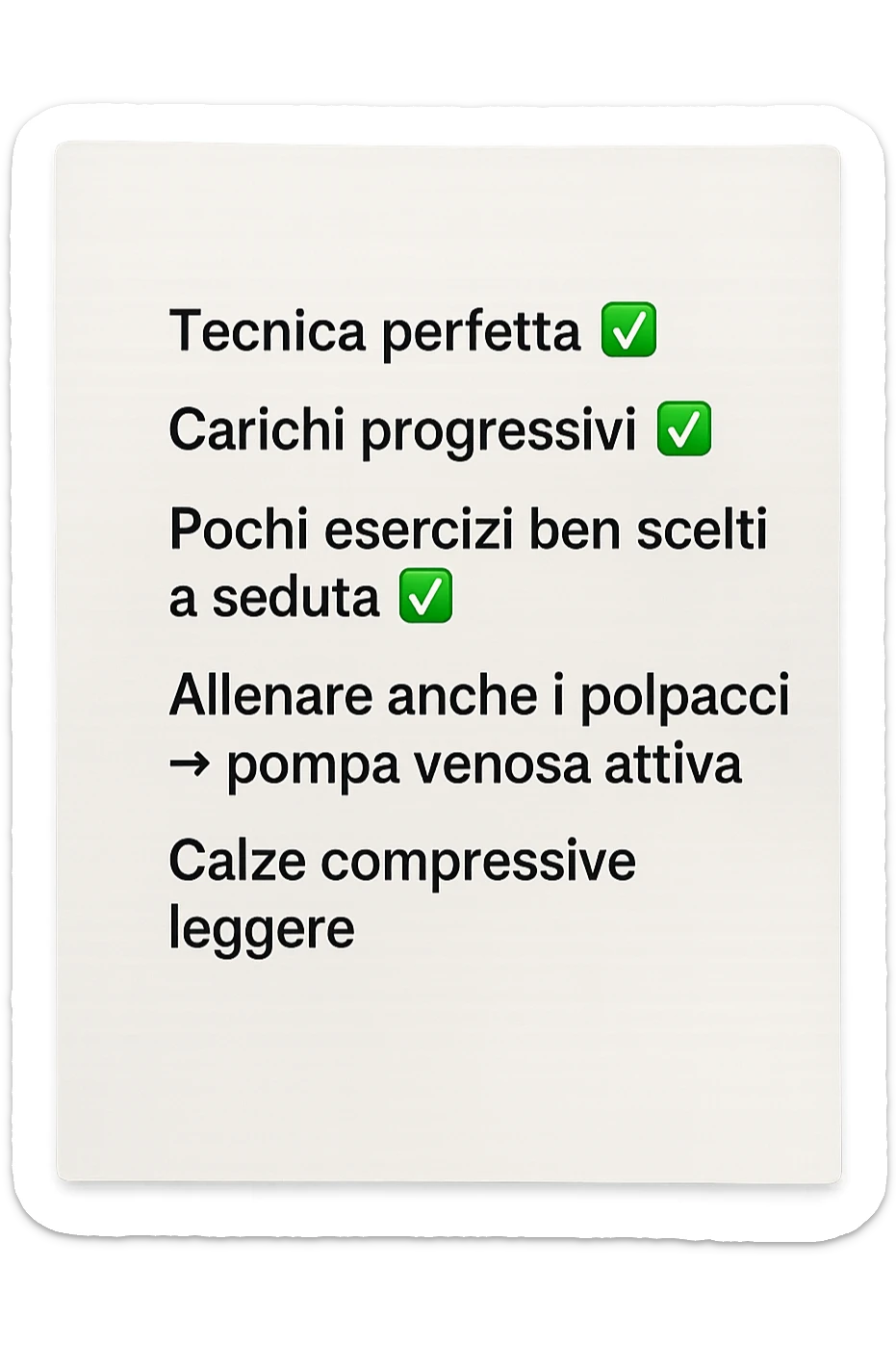 FOGLIO DI CARTA PER L'ALLENAMENTO IN PALESTRA CON LA SCRITTA "Tecnica perfetta
 ✅ Carichi progressivi
 ✅ Pochi esercizi ben scelti a seduta
 ✅ Allenare anche i polpacci → pompa venosa attiva
 ✅ Calze compressive leggere" , IPERREALISTICA 4K sticker