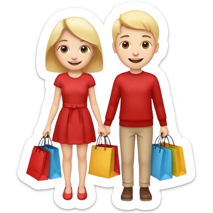 HAPPY SMILEY FACE EMOJI BOY AND GIRL WITH HANDS AND FEET WITH SHOPPING BAGS IN EACH HAND sticker