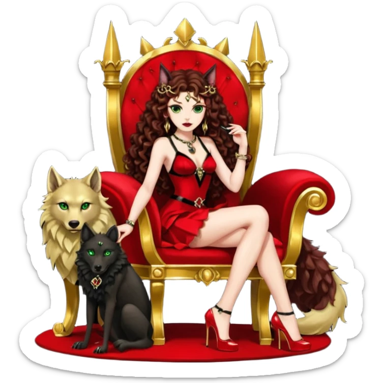 Lilith green eyes, symbol seductress evil brown curly long hair haired, sexy succubus woman with red and black Chanel dress on. A red and black stiletto platform high heel shoes on. sitting on a Black and gold throne. A large black fur wolf sitting beside her. Red rubies surround them both sticker