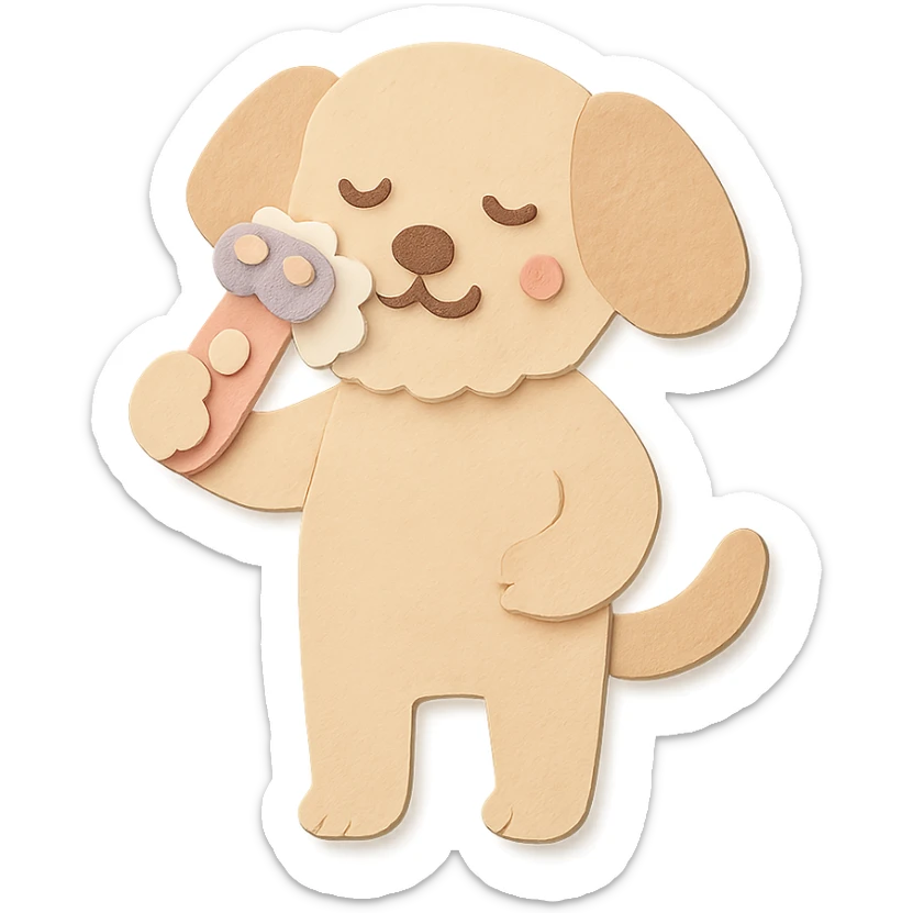 soft pastel electric shaver dog brushing its fuzzy face, creamy beige tones, full-body sticker